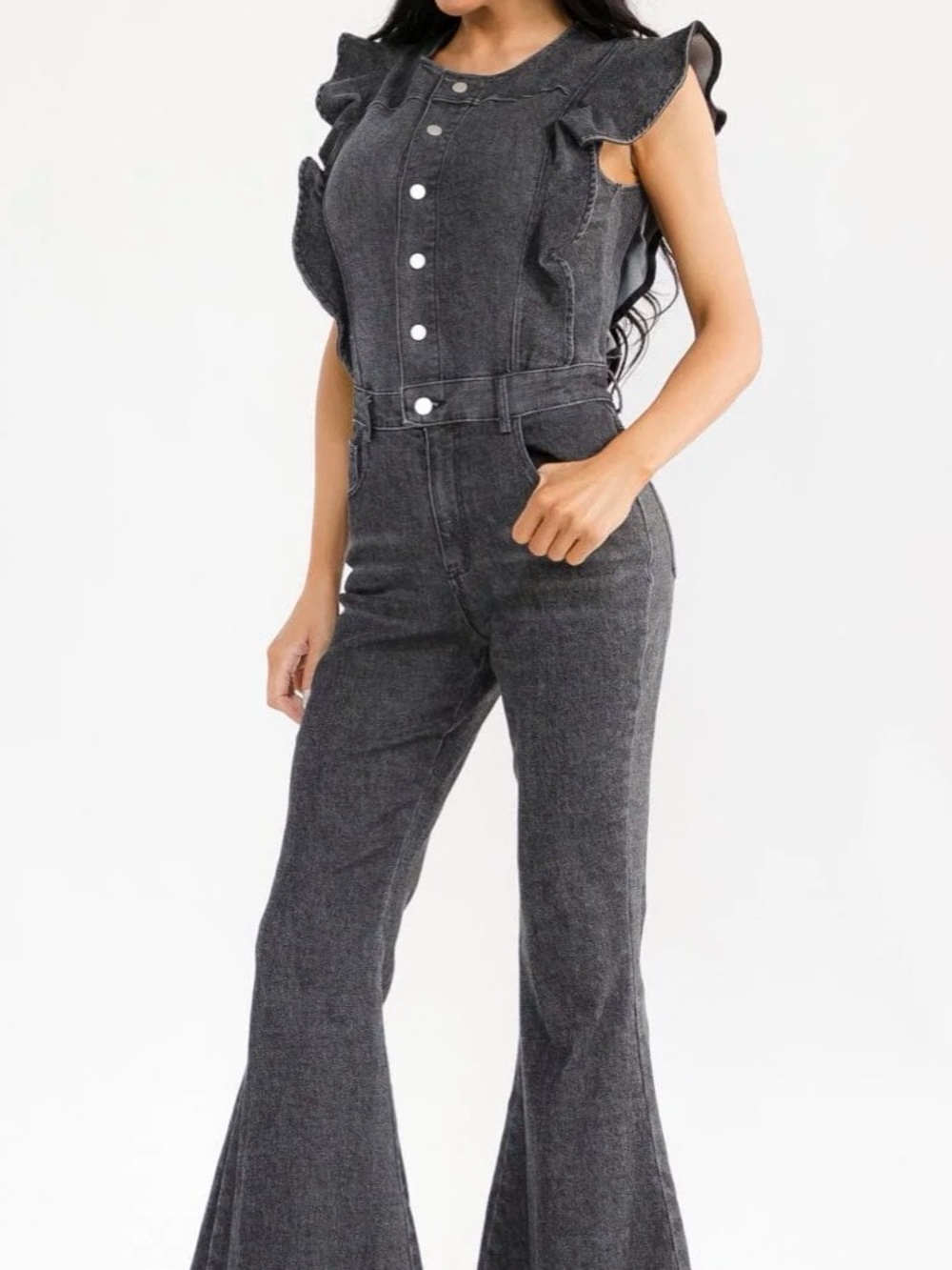 A402. Dark Gray Denim Jumpsuit with Button Front & Ruffle Sleeves - Picture 3 of 6